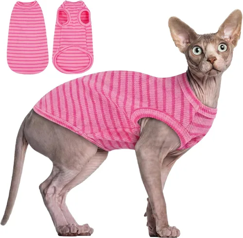 Vista 12 de BRKURLEG Camisa de punto para gatos, chaleco sin mangas para gatos Sphynx y perros pequeños, ropa suave de primavera y verano, camisetas Rayas azules