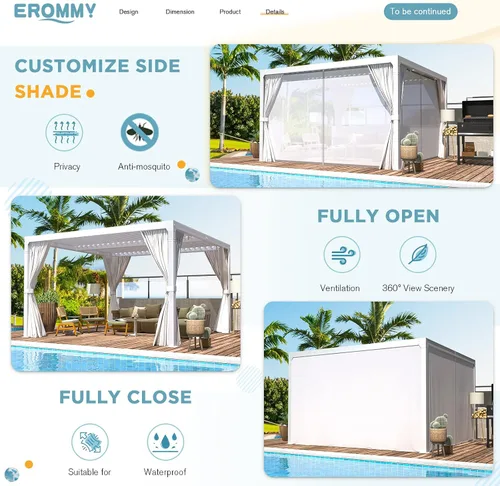 Vista 6 de EROMMY Pérgola con Persianas de 10x10 Pies, Refugio de Sombra Solar para Exteriores con Marco de Aluminio y Techo de Metal Ajustable Resistente a