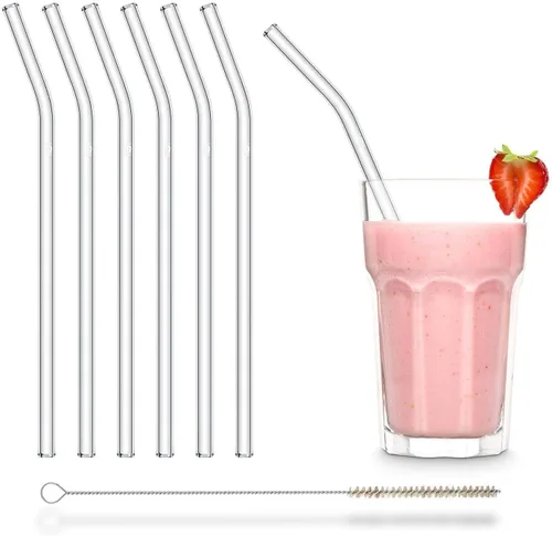 Vista 15 de Halm - Pajitas de vidrio – 6 popotes cortos de 6 pulgadas doblados reutilizables + cepillo de limpieza sin plástico – Apto para lavavajillas