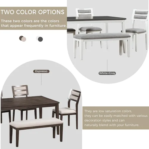Vista 20 de Juego de mesa de comedor vintage de 6 piezas, juego de mesa de comedor de cocina de madera maciza con 4 sillas ergonómicas acolchadas y banco, mesa