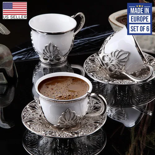 Vista 6 de Juego de 6 tazas de café Lujosas tazas de porcelana hechas a mano de 18 piezas con platillos de metal y portavasos extraíbles Juego de tazas