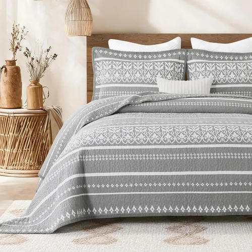 Vista 8 de Juego de edredón 100% algodón a rayas, bohemio, tamaño Queen, color beige y blanco, 3 piezas Lightweight & Soft Bedspread, Boho Style Bedding Set