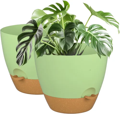 Vista 13 de ZMTECH Juego de 2 macetas de 10 pulgadas para plantas de interior, macetas de riego automático con agujeros de drenaje y platillo para plantas