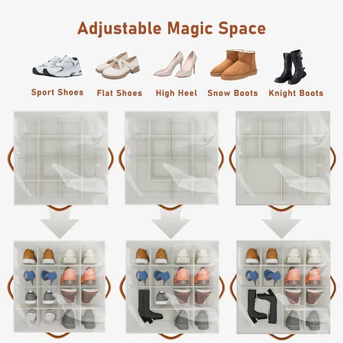 Vista 2 de Organizador de zapatos para armario, contenedores de tela para almacenamiento de zapatos con cubierta transparente, divisores ajustables