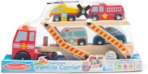 Vista 3 de Melissa & Doug Emergency Vehicle Carrier camión de madera con 4 vehículos de rescate 5 Pieces, 2-Level Vehicle Carrier Truck, Wooden Rescue