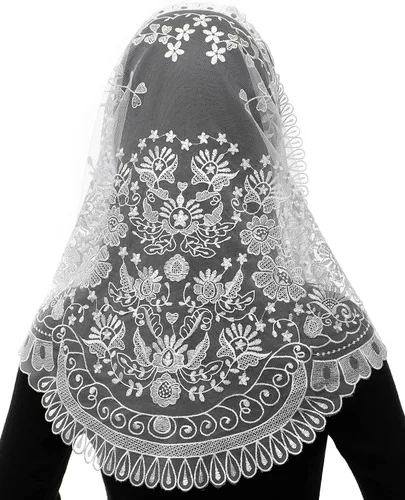 Vista 10 de Bozidol Velos de Mantilla de Capilla Católica en Triángulo - Bufanda Corta de Embroidería de Camelia para Misa Latina, Velo de Iglesia de Encaje