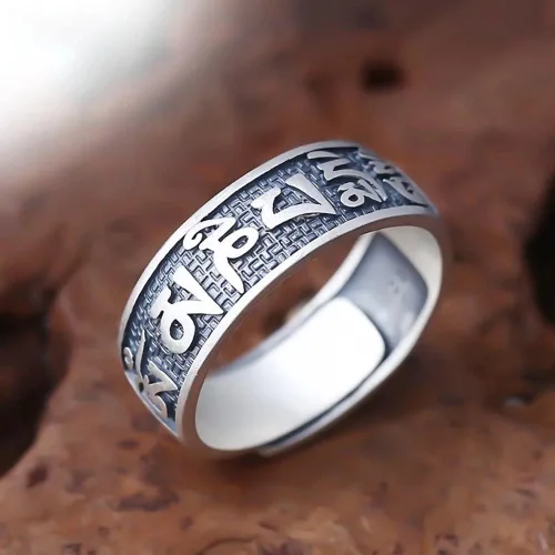 Vista 2 de JUNTEN Anillo de plata de ley 925 budista tibetana Om Mani Padme Hum Mantra para hombres y mujeres, anillos abiertos de 0.315in de ancho ajustables