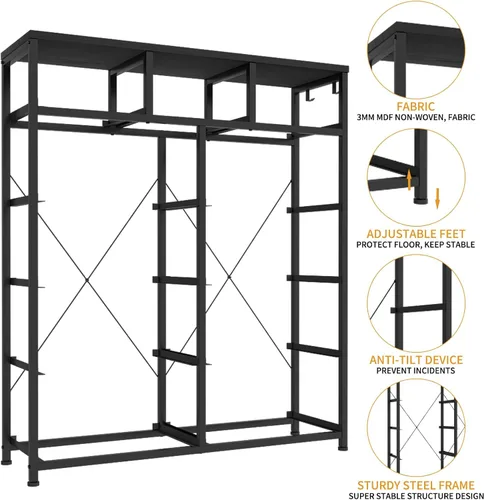 Vista 7 de Cómoda de almacenamiento de tela con 11 cajones para organización del dormitorio, cómoda con estantes profundos, bolsillos laterales y ganchos, Negro