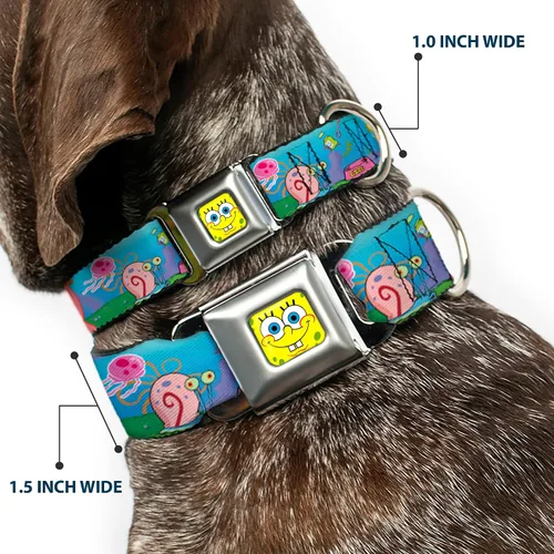 Vista 2 de Buckle-Down Collar de perro con hebilla de cinturón de seguridad, Bob Esponja y amigos/logotipo, 1 pulgada de ancho, se adapta a cuello de 9 a 15