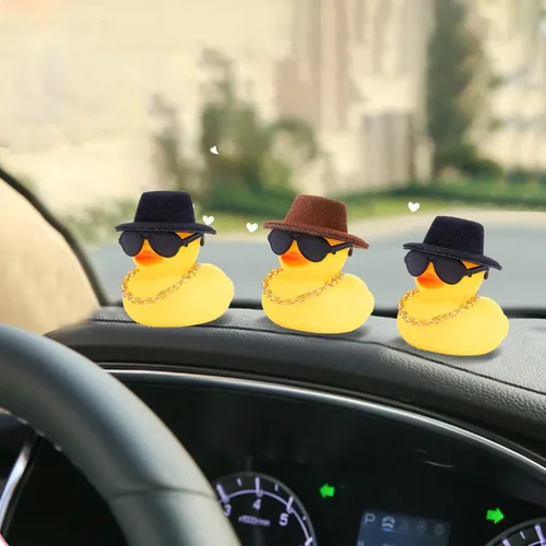 Vista 3 de wonuu Adornos de pato de goma, 2 piezas, decoración de tablero de instrumentos de pato amarillo con mini sombrero