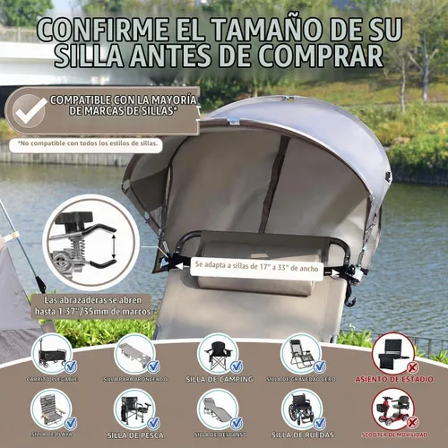 Vista 5 de Toldo universal XL resistente al viento para silla, extra grande plegable UPF 50+ con abrazadera ajustable, se adapta a la mayoría de la playa