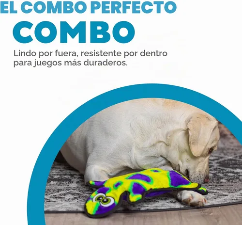 Vista 4 de Outward Hound Durablez Gecko - Juguete de peluche grande sin relleno para cachorros y perros, interactivo, suave pero resistente, sin ensuciar Geco