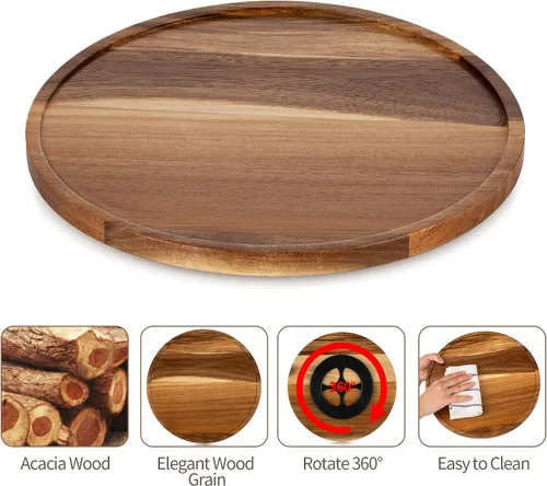 Vista 6 de Hanobe Bandeja de madera Lazy Susan: mesa giratoria redonda de madera de acacia bandejas decorativas para mesa de centro de mesa de centro de mesa