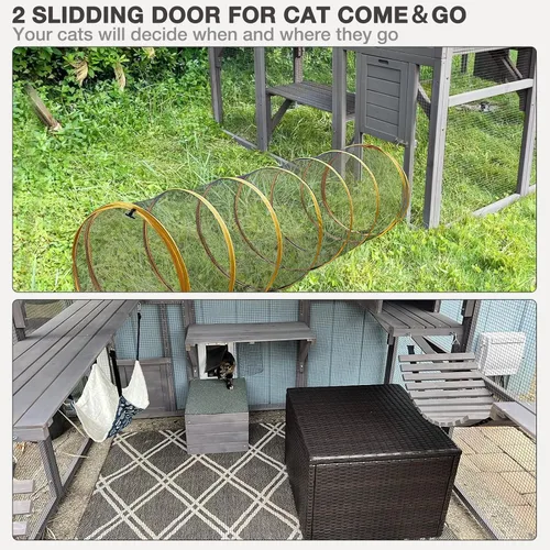Vista 2 de Gran recinto para gatos Catio al aire libre, resistente a la intemperie, con techo impermeable, múltiples plataformas, hamaca para cueva de gato