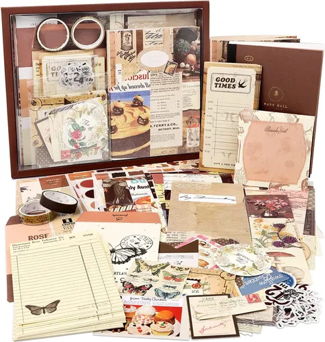 Vista 11 de Draupnir Kit de álbum de recortes estético vintage, kit de diario basura con suministros de diario/álbum de recortes, papelería, cuaderno