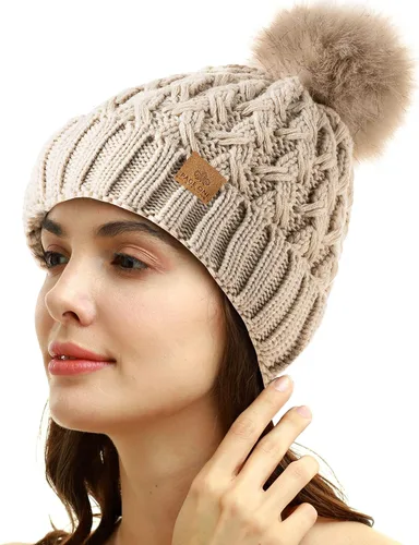 Vista 2 de PAGE ONE - Gorro de invierno para mujer, acanalado, de punto trenzado grueso, cálido y suave, con pompón