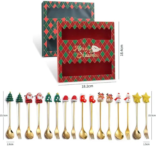 Vista 3 de MagiDeal Juego de 6 cucharas de Navidad, tenedores de acero inoxidable, cucharas de postre de acero inoxidable, cucharas de postre de sopa, cucharas