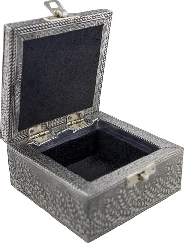 Vista 3 de YIROCK VGI - Elegante joyero con revestimiento de metal martillado e interior de tela suave (gato, acabado plateado)