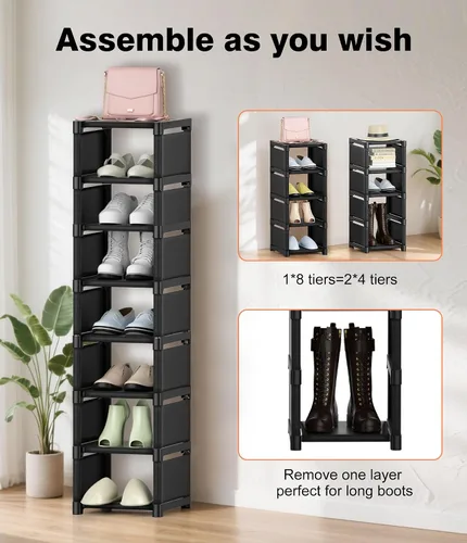 Vista 4 de Organizador de zapatos de 8 niveles, almacenamiento vertical estrecho que ahorra espacio, estante de esquina de pie libre de metal para armario
