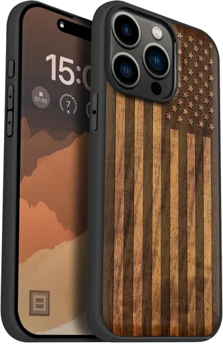 Vista 17 de Carveit - Funda de madera para iPhone 15 Pro Max, la clásica bandera americana, color cereza Magnetic iPhone 15 Pro Max Case Compatible with