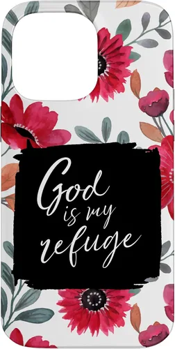 Vista 21 de God is My Refuge - Carcasa para iPhone 16, diseño de flores rojas con versículo bíblico del Salmo 91