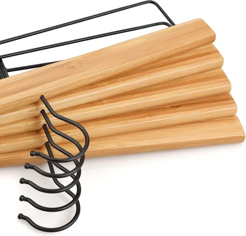 Vista 7 de TOPIA HANGER Perchas para pantalones, paquete de 10 perchas de bambú con clips negros y gancho giratorio, perchas duraderas de madera natural