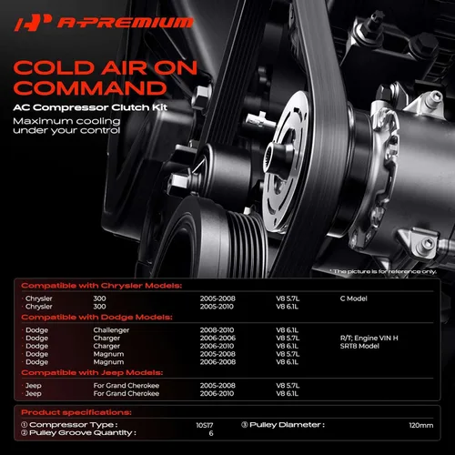 Vista 2 de Kit de embrague de compresor de A/C de A-Premium compatible con Dodge Charger 2006-2010, Challenger 2008-2010, Magnum 2005-2008 y Chrysler 300