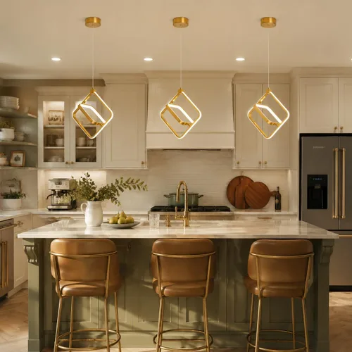 Vista 23 de Lámpara LED moderna con anillo dorado, lámpara colgante de 4000 K, regulable en altura ajustable, iluminación colgante para comedor, cocina, isla