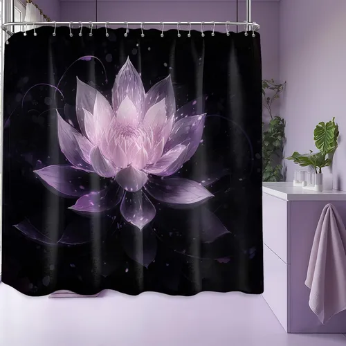Vista 46 de Cortina de ducha con flores de loto negro y azul para decoración de baño, juego de cortinas decorativas de baño con estampado floral, tela