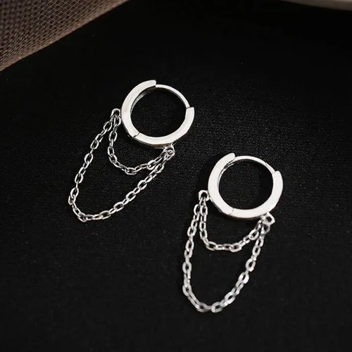 Vista 4 de Reffeer Aretes de aro pequeños de plata de ley 925 con borla y cadena para mujeres y adolescentes