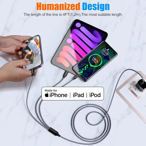 Vista 4 de Cable de Carga Múltiple de 4 pies, Paquete de 2 Cargador USB 3 en 1, Cable Cargador Múltiple para iPhone Trenzado de Nylon Certificado Apple MFi