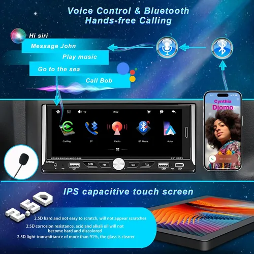 Vista 3 de Radio de automóvil DIN individual compatible con Apple CarPlay inalámbrico, estéreo para automóvil con pantalla táctil IPS de 6.9'', Bluetooth