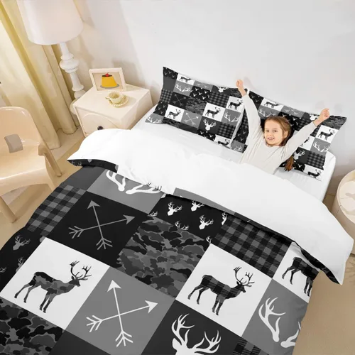 Vista 3 de Manfei Juego de ropa de cama de silueta de ciervo, tamaño individual, funda de edredón con patrón de flechas y cuernos con 1 funda de almohada