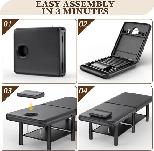 Vista 7 de Mesa de masaje plegable estacionaria, mesa de tratamiento con respaldo ajustable y gran espacio de almacenamiento, amplia mesa de masaje con marco
