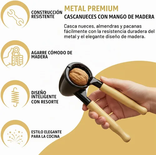 Vista 2 de Iconikal Cascanueces de cuerpo metálico resistente con mango de madera, negro y arce - fácil cascanueces para nueces, almendras, pecanas