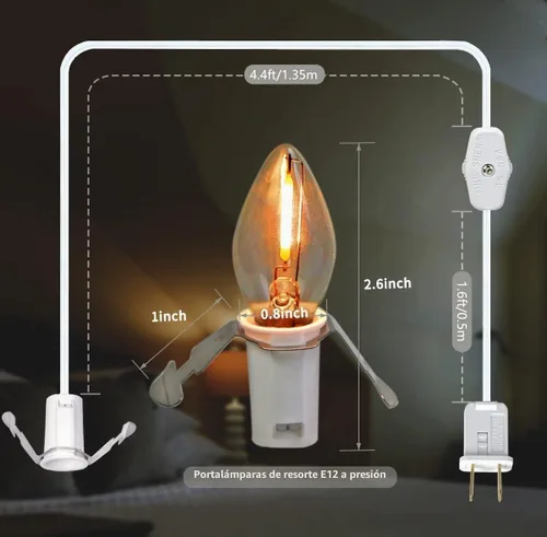 Vista 2 de KGC Cable de Accesorios C7 con 2 Bombillas LED C7 Base Candelabro E12 con Casquillo, Cable Blanco con Interruptor de Encendido/Apagado y Enchufes