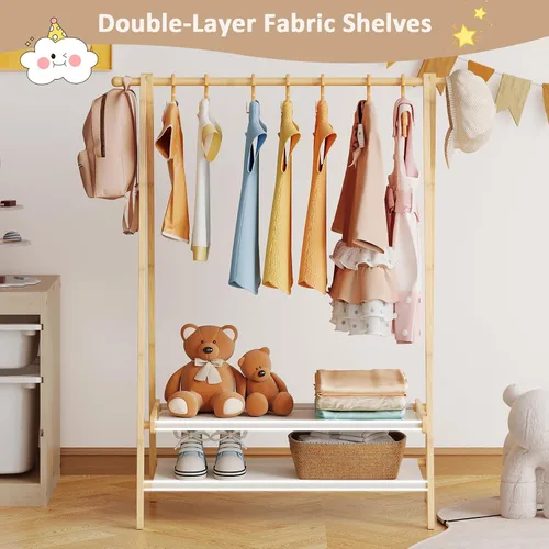 Vista 3 de Perchero de ropa para niños con 2 estantes de tela, soporte plegable para ropa infantil con barra para colgar, organizador de disfraces pequeño