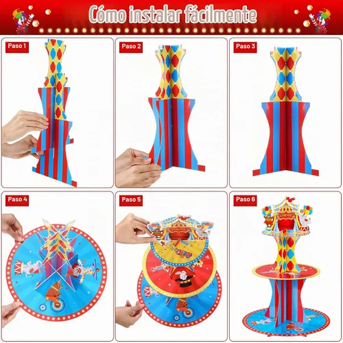 Vista 4 de Zopeal Soporte de 3 niveles para cupcakes con temática de circo para decoraciones de fiesta de cumpleaños, carnaval, mesa de postre, soporte