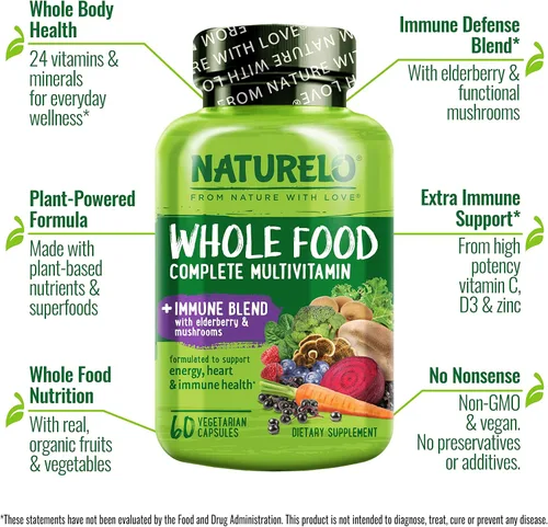 Vista 2 de NATURELO Multivitamínico de Alimentos Integrales + Mezcla Inmunológica con Saúco y Hongos - Multivitamínico Completo con Apoyo Inmunológico Extra
