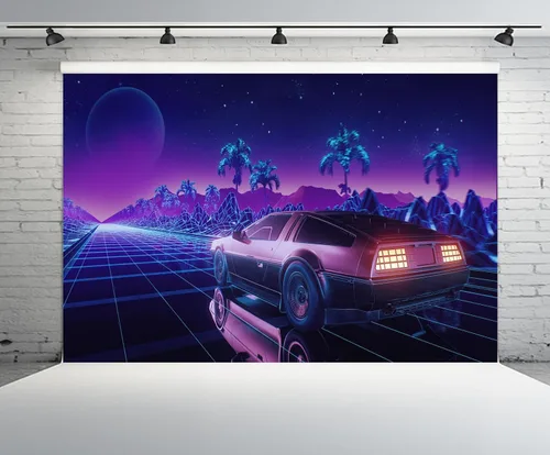 Vista 2 de Telón de fondo para automóvil Cyberpunk de 5 x 3 pies, estilo retro futurista, estilo punk, coche de carreras, automóvil de carreras punk, fondo