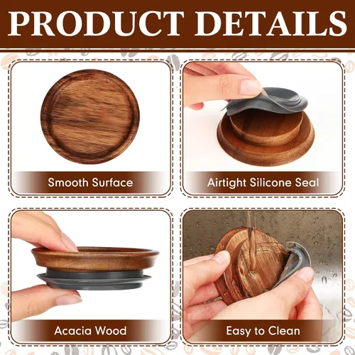 Vista 3 de Paquete de 20 tapas de almacenamiento de madera de acacia para frascos de boca regular, tapas de madera de acacia para conservas reutilizables