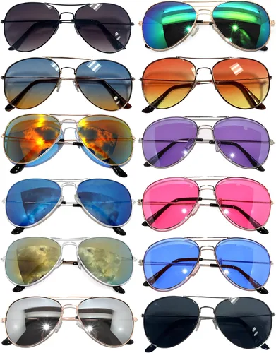 Vista 30 de OWL Paquete de 12 lentes de sol de aviador a granel de metal dorado, plateado, marco negro para hombres y mujeres, gafas de fiesta