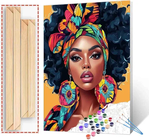Vista 39 de Pintura de niña afro a la moda, kits de pintura por números, 16 x 20 pulgadas, lienzo de hojas tropicales, pintura al óleo para niños y adultos
