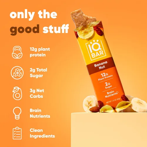 Vista 4 de IQBAR Clean Plant - Barras de proteínas – Nuez de plátano, Matcha Chai, arándano silvestre, paquete de 12 unidades – Keto, vegano, alto en fibra