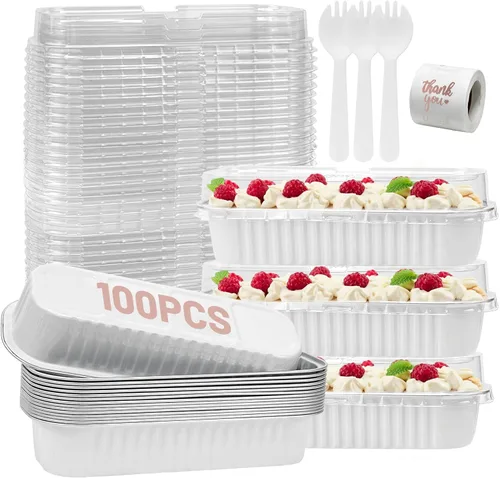 Vista 19 de Paquete de 100 mini moldes para pan de Navidad con tapas, mini moldes para pasteles con tapas y cucharas, moldes de papel de aluminio de 6.8 onzas