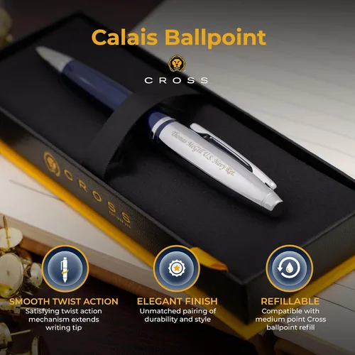 Vista 4 de Bolígrafo Cross Calais, laca azul con tapa cromada, grabado personalizado, regalo de graduación, promoción, jubilación u oficina