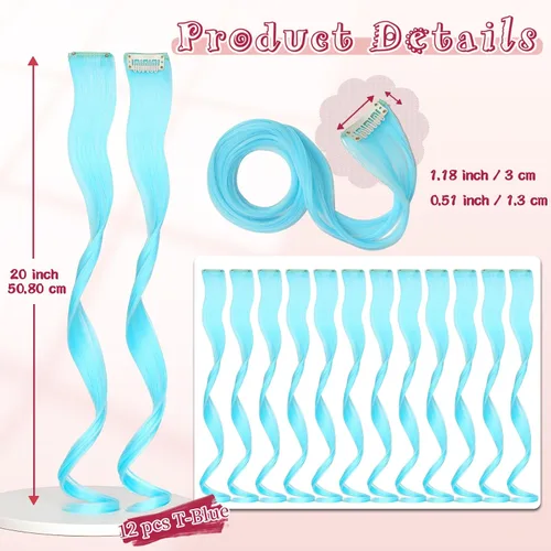 Vista 2 de Extensiones de cabello de colores, 12 piezas de 20 pulgadas, extensiones de cabello con clip de color azul T, arco iris, para fiesta, largo