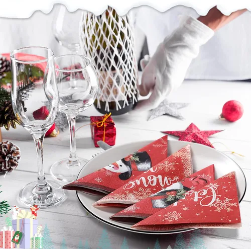 Vista 5 de Faccito 100 servilletas de papel de muñeco de nieve de Navidad, servilletas de cóctel de copo de nieve de invierno, servilletas de bebidas rojas