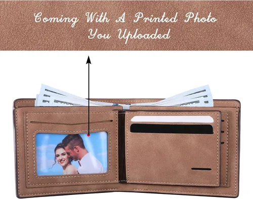 Vista 5 de INBLUE Billetera plegable grabada personalizada, cartera de cuero personalizada con foto y texto grabado, regalos para hombres, marido, papá, hijo