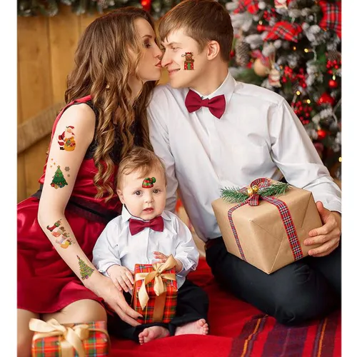 Vista 5 de Tatuajes temporales de Navidad con purpurina para niños, 12 hojas de tatuajes navideños con purpurina para niños y niñas, regalos de fiesta
